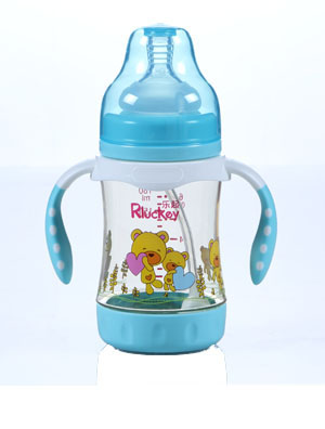 樂起180mL弧形帶柄防滑奶瓶藍色