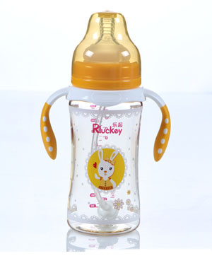 樂起PPSU帶柄防摔寬口徑奶瓶300ml橙色