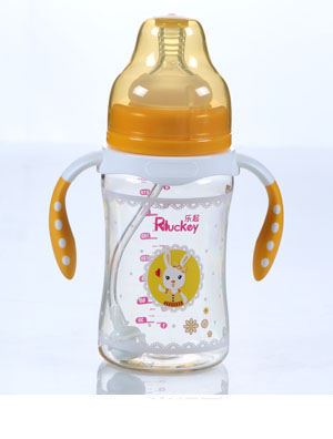 樂起PPSU帶柄透明防摔寬口徑奶瓶橙色