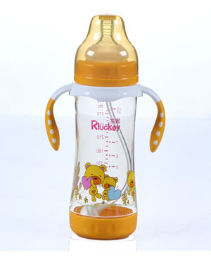 樂起帶柄寬口徑300ML防滑奶瓶黃色