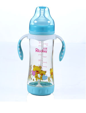 樂起300ML帶柄寬口徑防滑奶瓶藍色